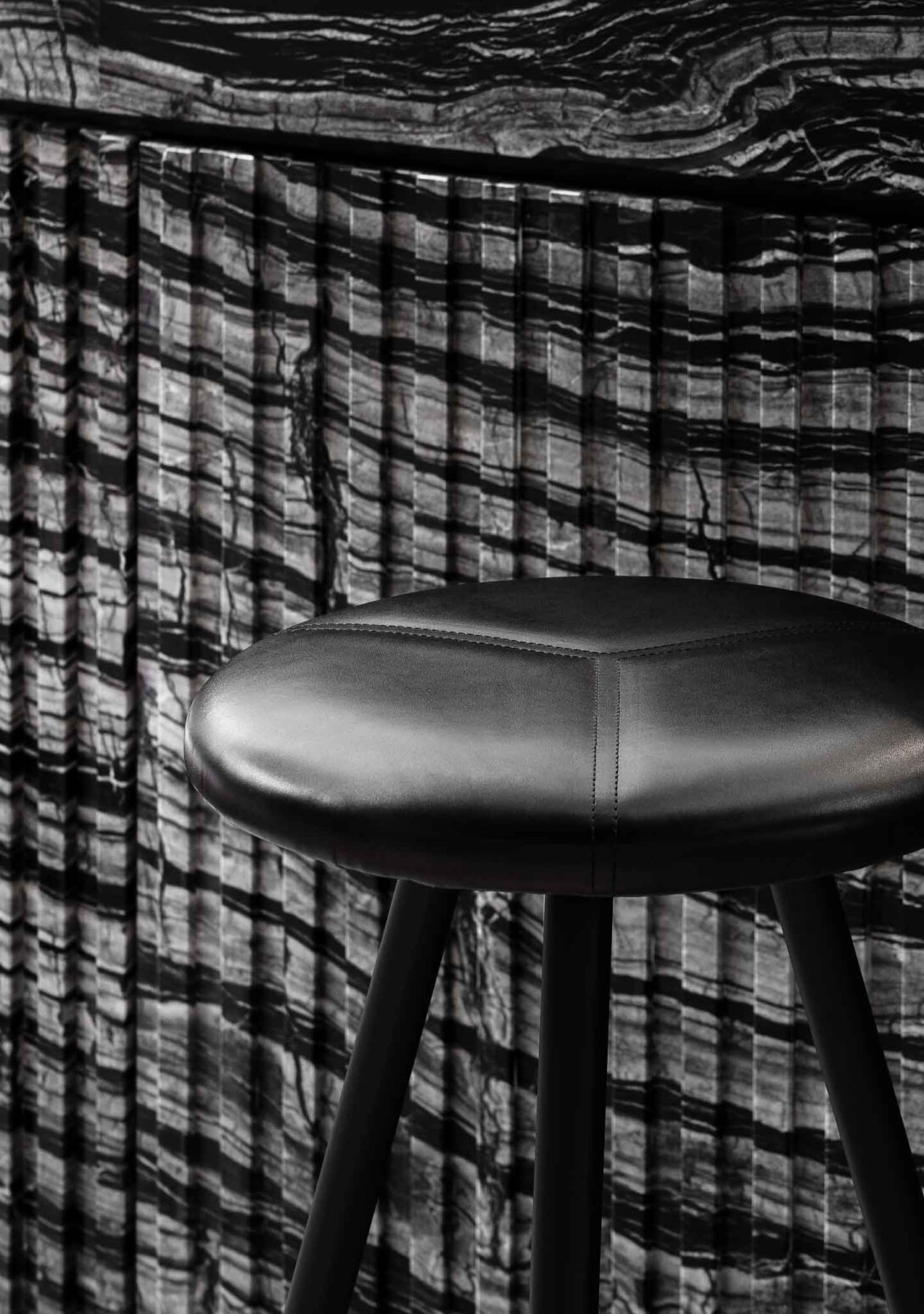 Biasol: Tre Mezzo Counter Stool in Black Ace Frame, Pelle Barolo Nocturnal, 3507 Leather Top. Credit: Signorino, Timothy Kaye.