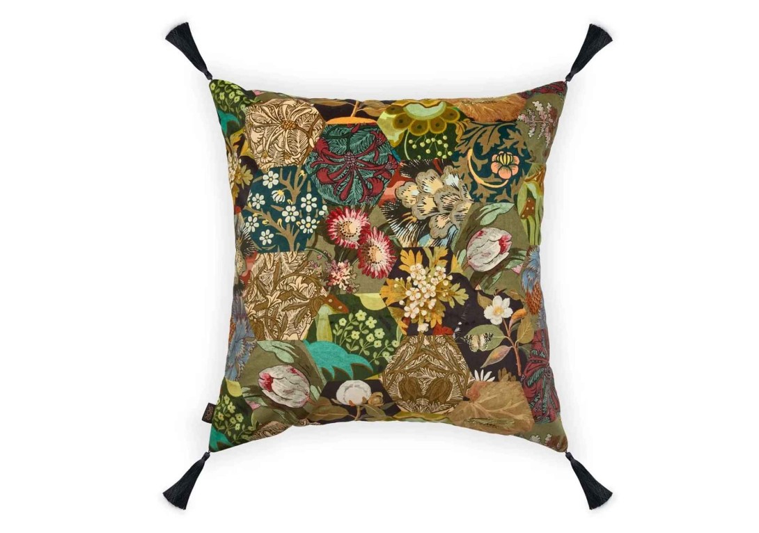 Saturnalia Large Tasseled Cotton Velvet Patchwork Cushion House of Hackney