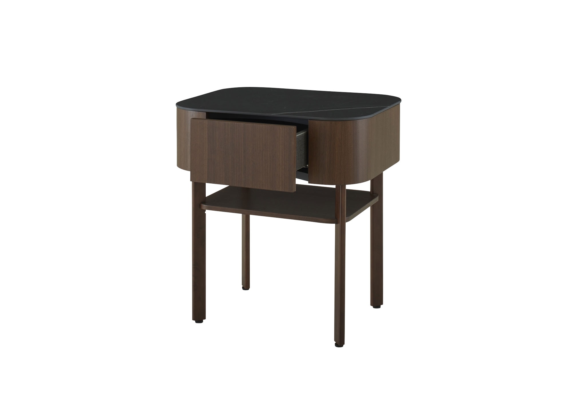 Ligne Roset: Parabol Bedside Table in Dark Walnut and Marquinia Ceramic Stoneware