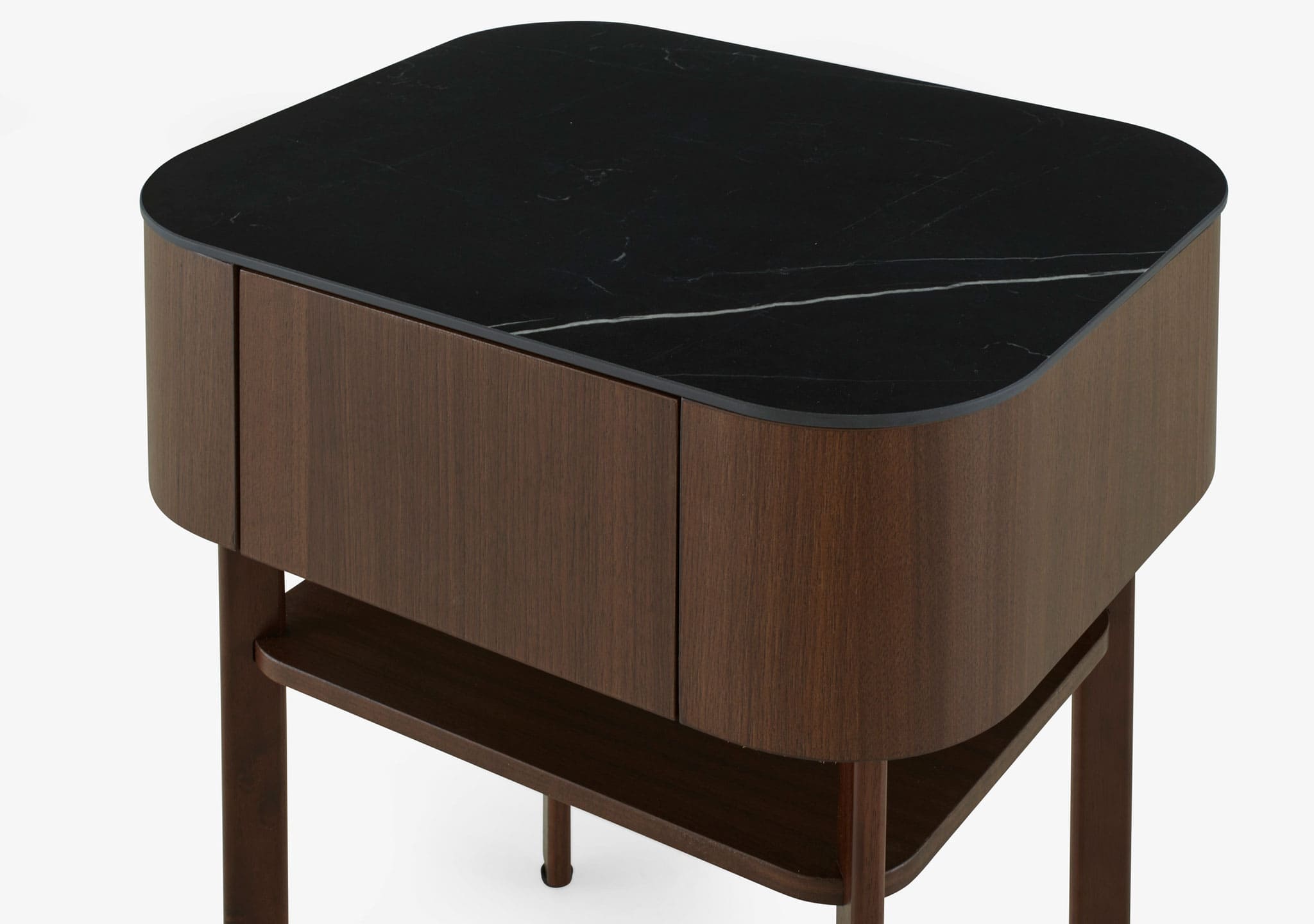 Ligne Roset: Parabol Bedside Table in Dark Walnut and Marquinia Ceramic Stoneware