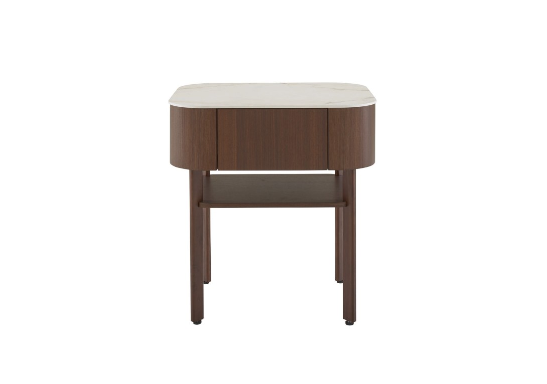 Ligne Roset: Parabol Bedside Table in Dark Walnut and White Marble Effect Stoneware