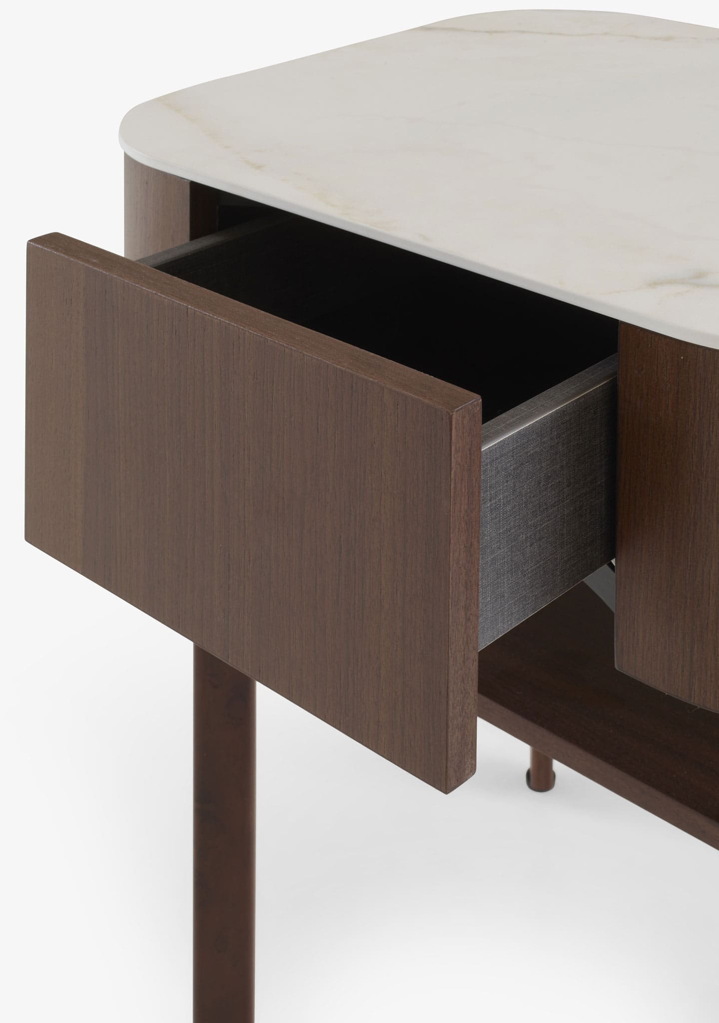 Ligne Roset: Parabol Bedside Table in Dark Walnut and White Marble Effect Stoneware