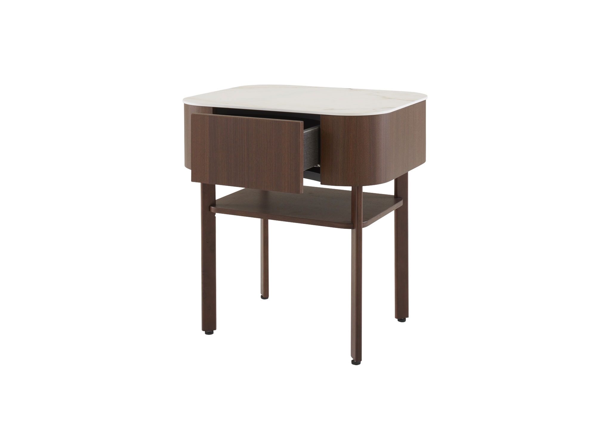 Ligne Roset: Parabol Bedside Table in Dark Walnut and White Marble Effect Stoneware