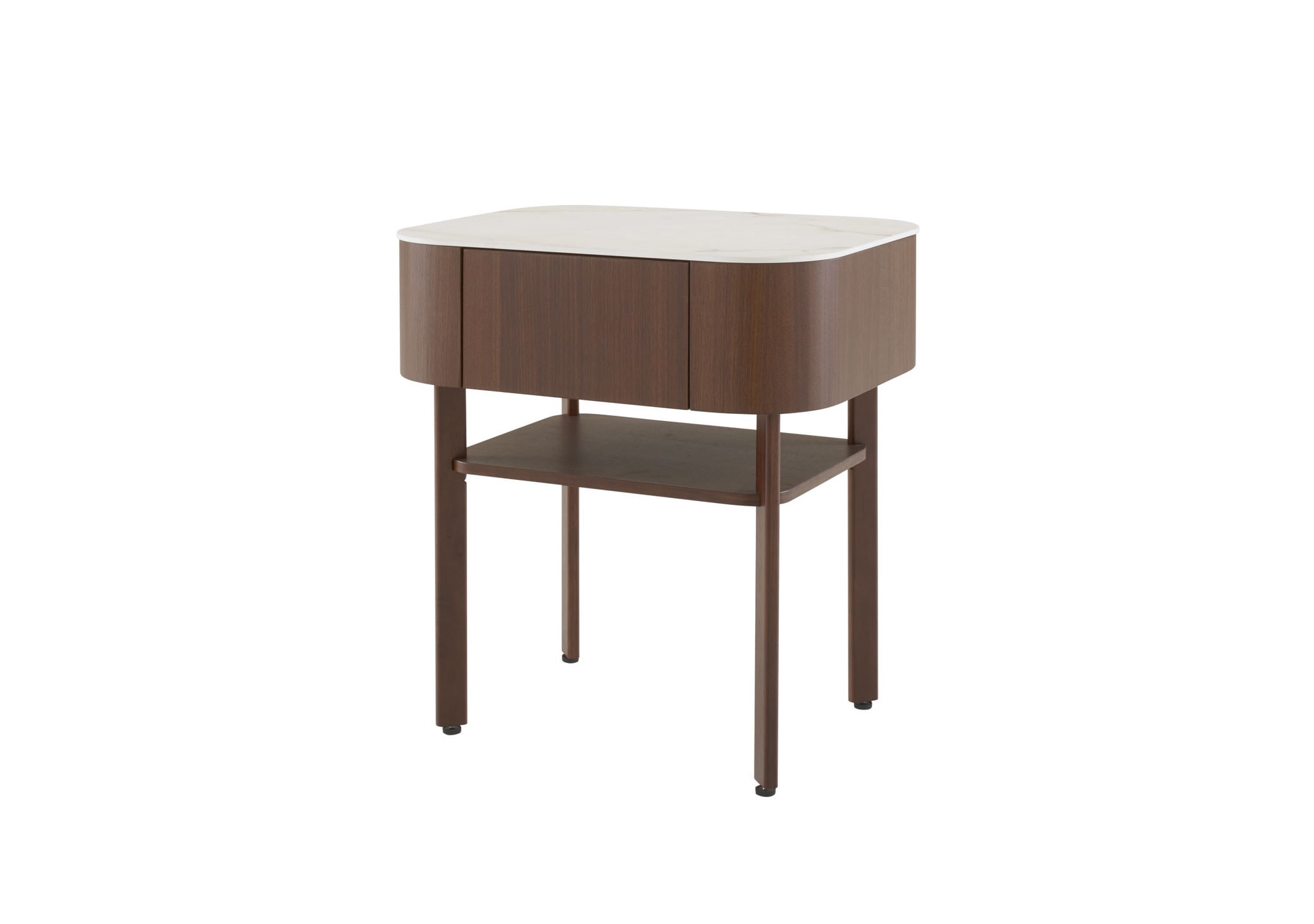 Ligne Roset: Parabol Bedside Table in Dark Walnut and White Marble Effect Stoneware