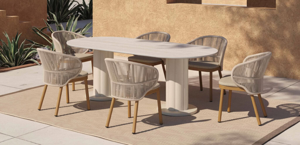 KUN Design Contemporary Neutral Beige Marble Outdoor Dining Chair and Outdoor Dining Table