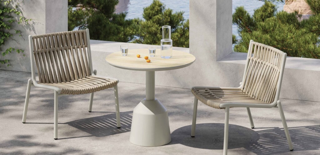 KUN Design Contemporary Neutral Beige Marble Outdoor Dining Chair and Outdoor Dining Table