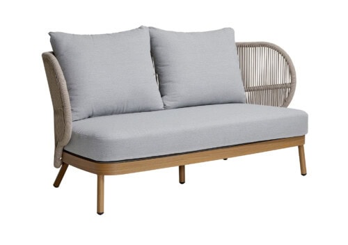 Kun Design Jumbo 2 Seater Sofa: Teak Look Aluminium Base with Sand HF006 Rope and Light Grey SEF4002-1 Cushions Kun Design Jumbo 2 Seater Sofa: Teak Look Aluminium Base with Sand HF006 Rope and Light Grey SEF4002-1 Cushions