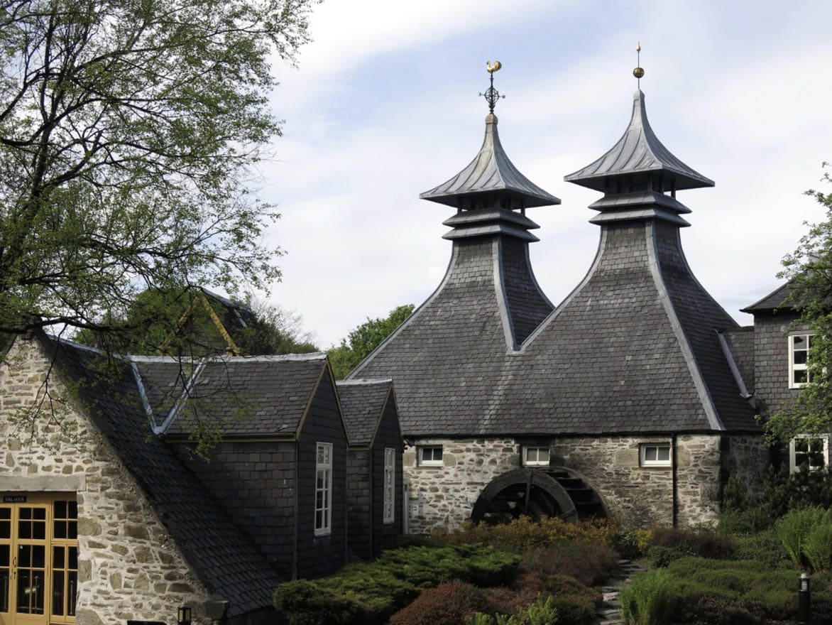 Historic Speyside hotel with unique turreted roofs.