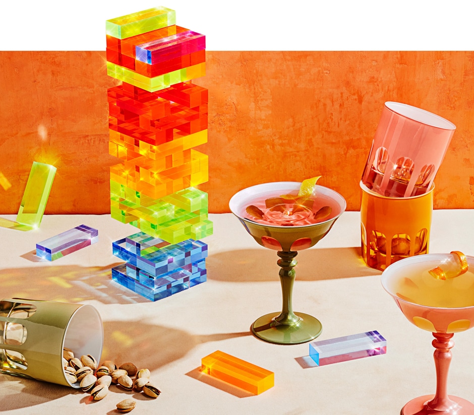 acrylic tumbling tower & sir and madam rialto glassware