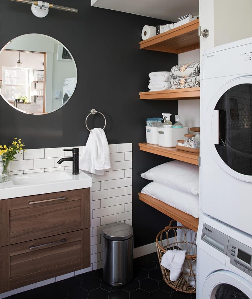 neutral tones and black bathroom with open shelving