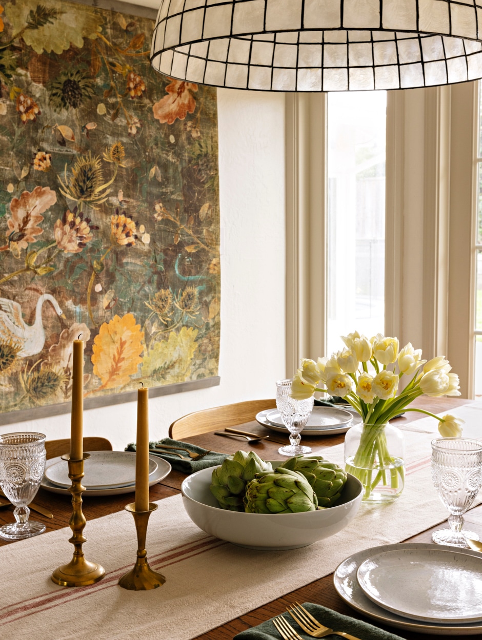 elegant dining room with artichokes on table