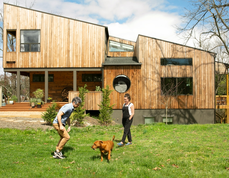 exterior shot of wooden paneled eco-friendly house with geometric design