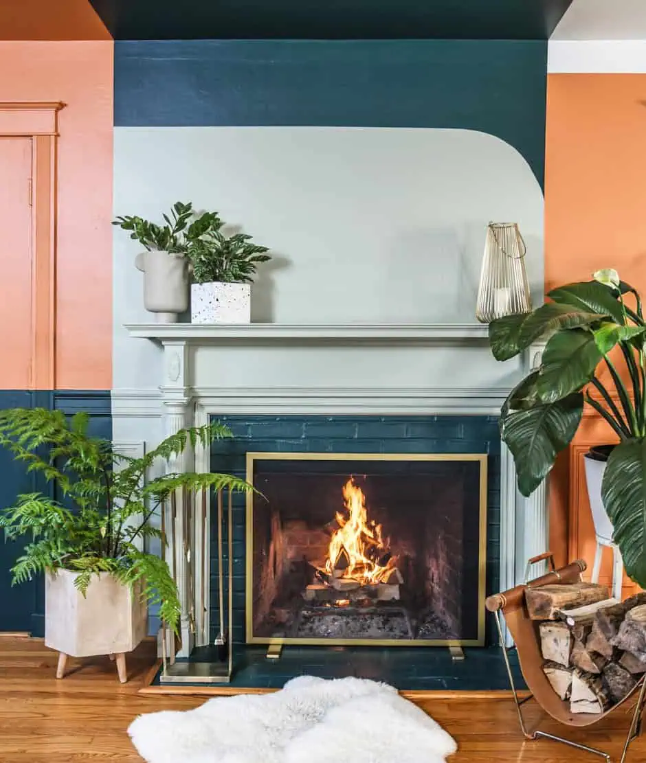 macro-color-blocking around fireplace in living room