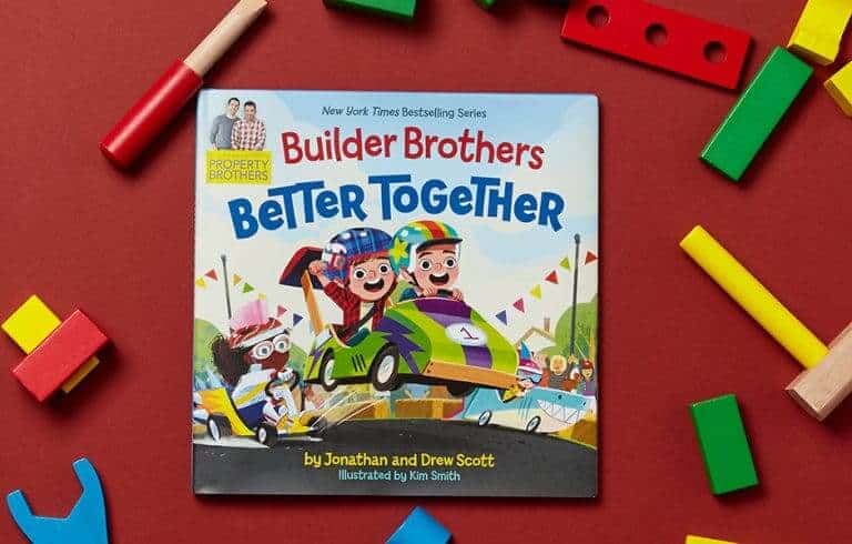 Children’s book *Builder Brothers: Better Together* with wooden blocks