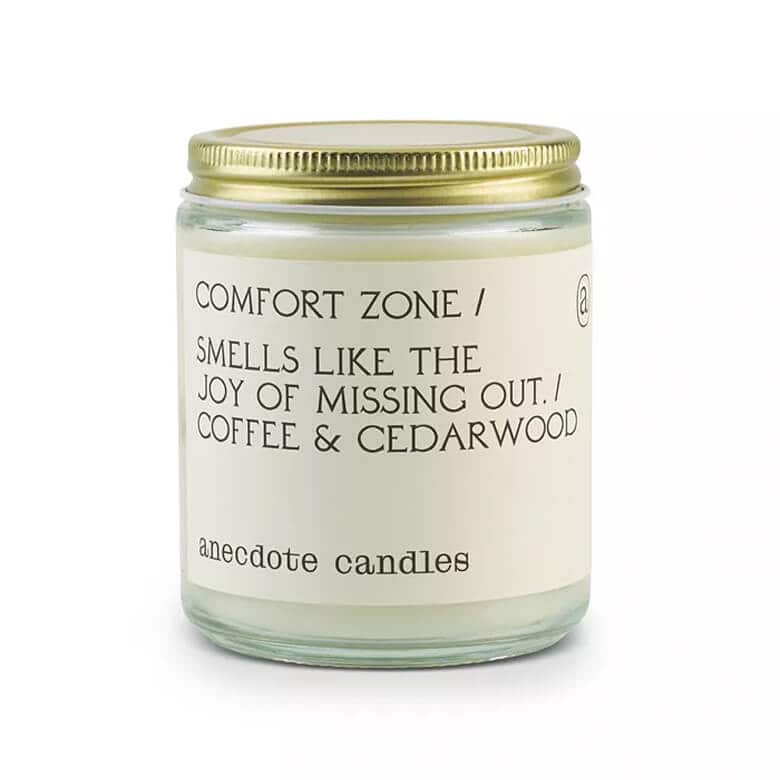Coffee and cedarwood candle labeled “Comfort Zone” by Anecdote Candles