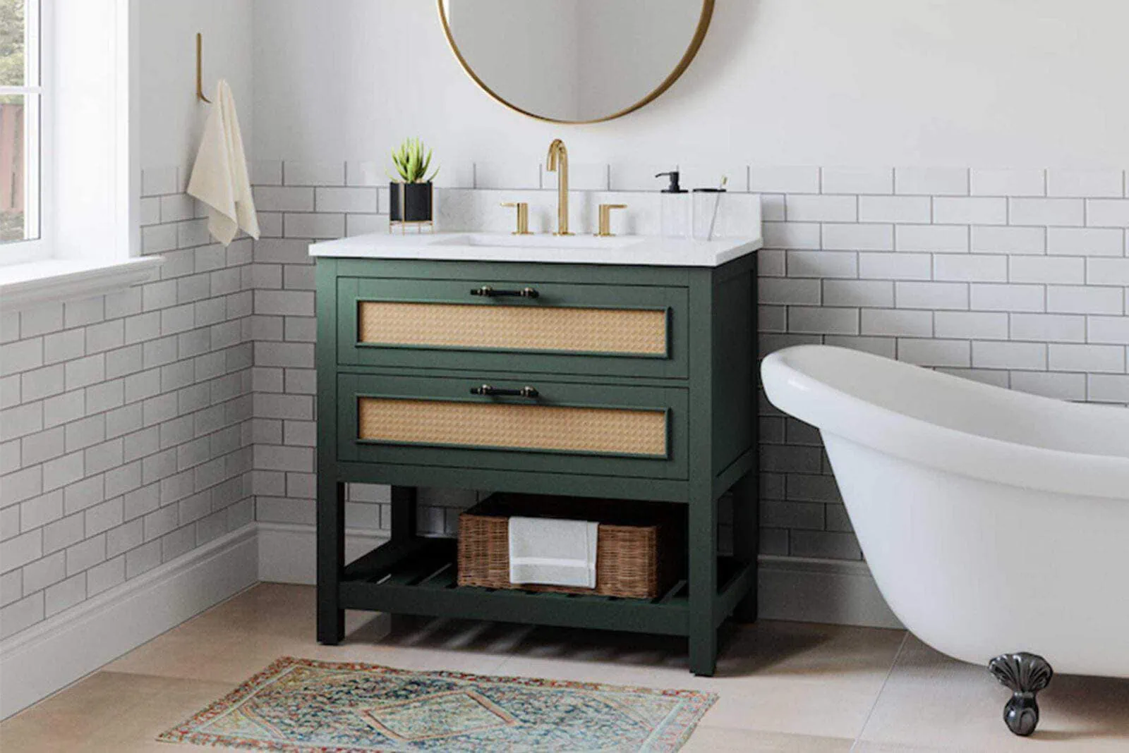 Bathroom with green vanity clawfoot tub and gold fixtures
