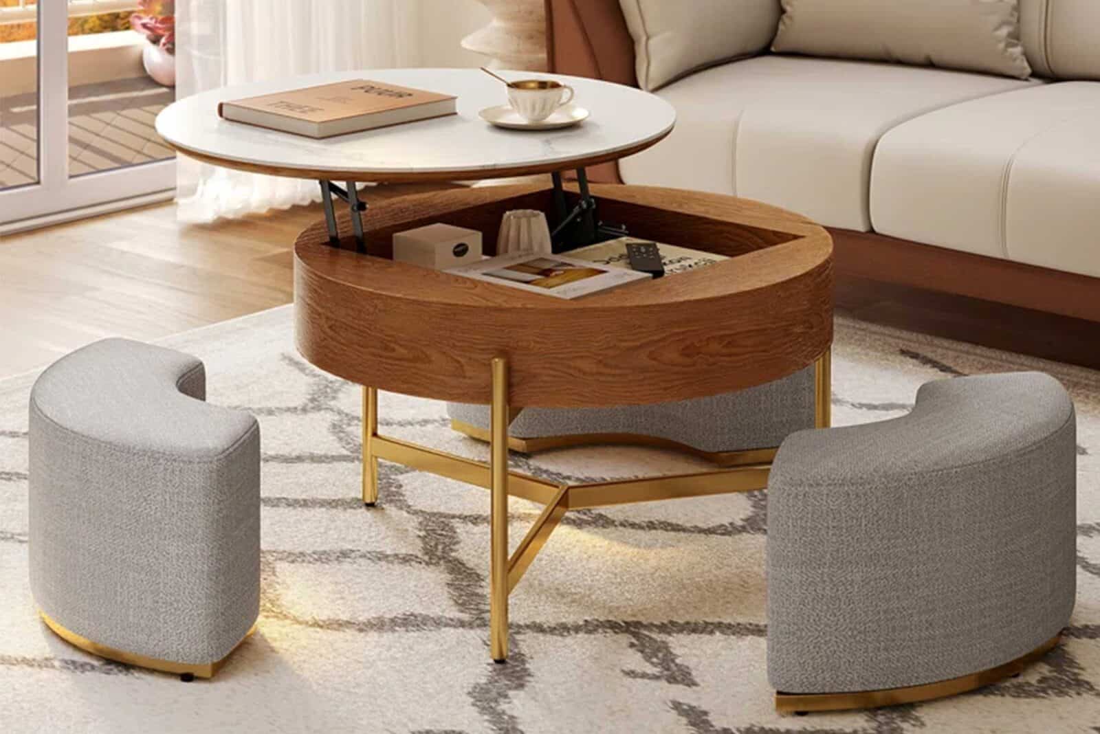 Modern coffee table with marble top, wood storage, and gray ottomans