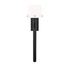 Modern black wall sconce with a long vertical arm and white cylindrical shade