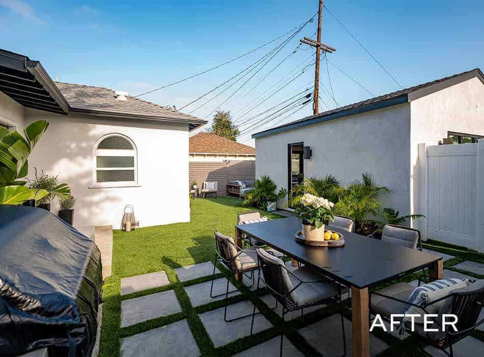 After image of a backyard with modern patio furniture and artificial grass