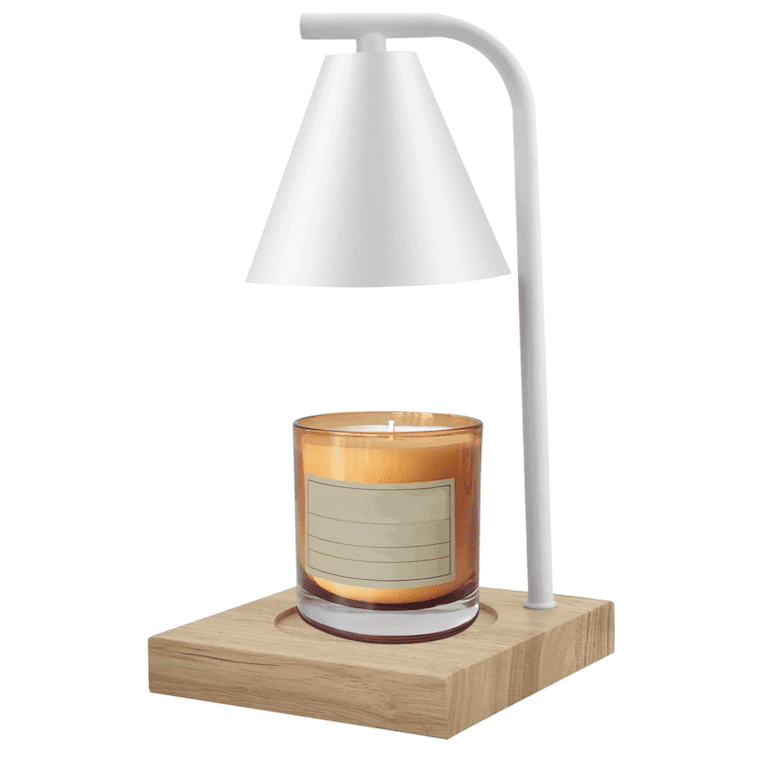 Candle warmer lamp with a white shade and wooden base holding a glass jar candle