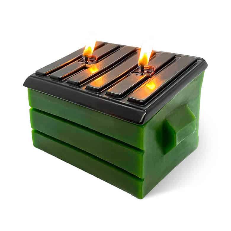 Green dumpster fire candle with black lid and two burning wicks