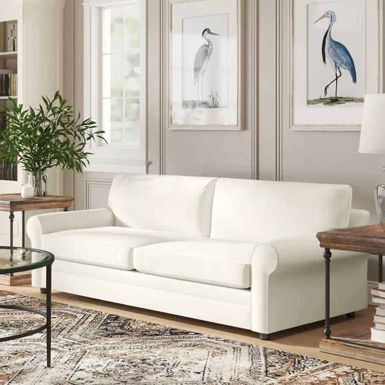 White sofa in a neutral-toned living room with bird artwork and a patterned rug