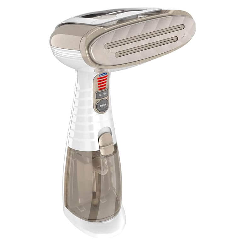 Handheld garment steamer with a detachable water tank and steam control buttons