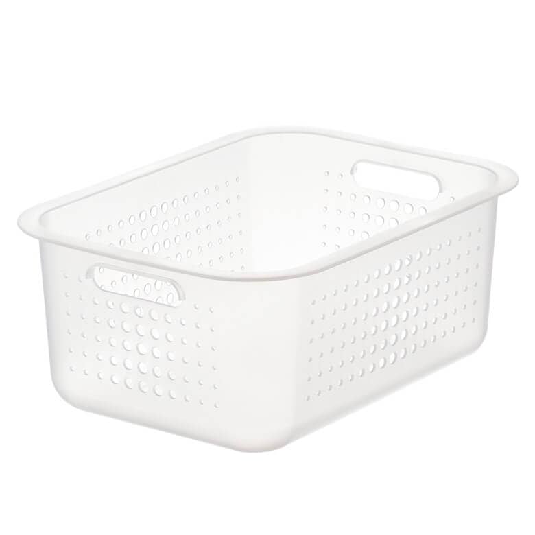 White plastic storage basket with perforated sides and built-in handles