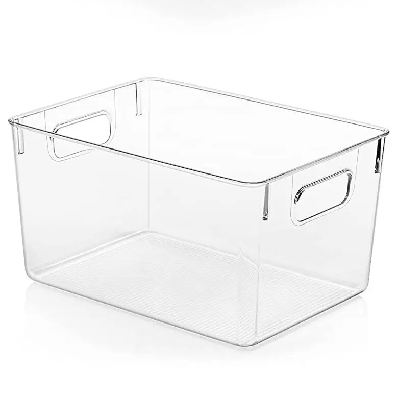 Clear plastic storage bin with built-in handles