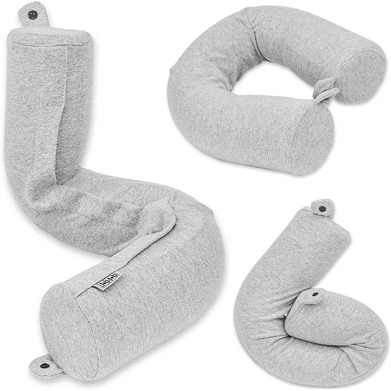 Gray adjustable travel pillow in various folded and coiled positions