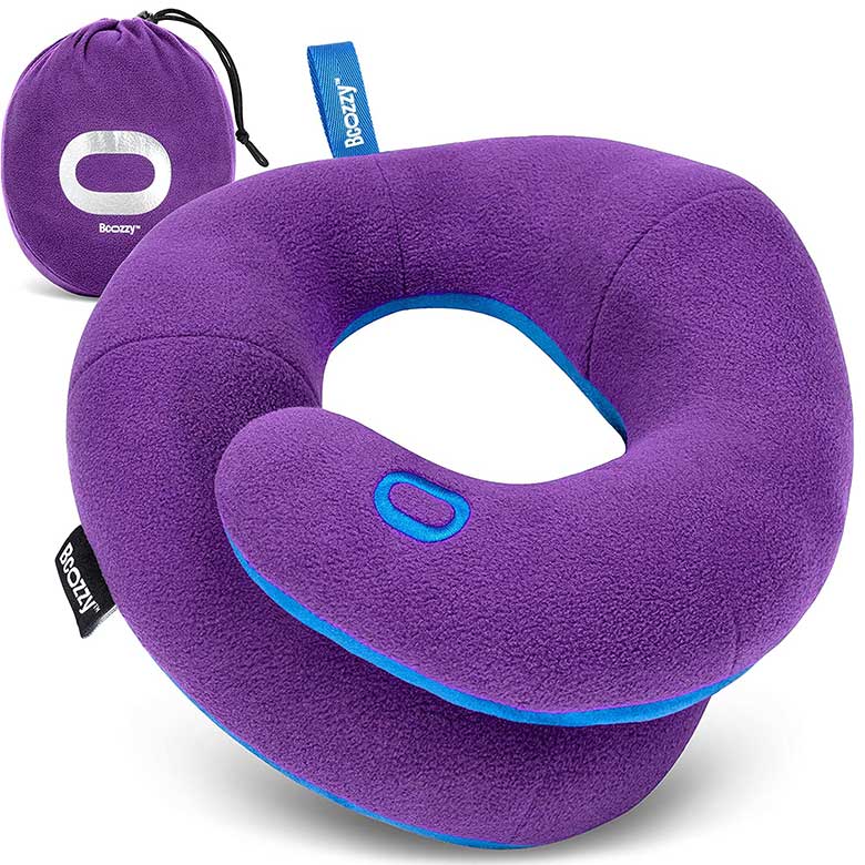 Purple travel neck pillow with blue trim and matching storage bag