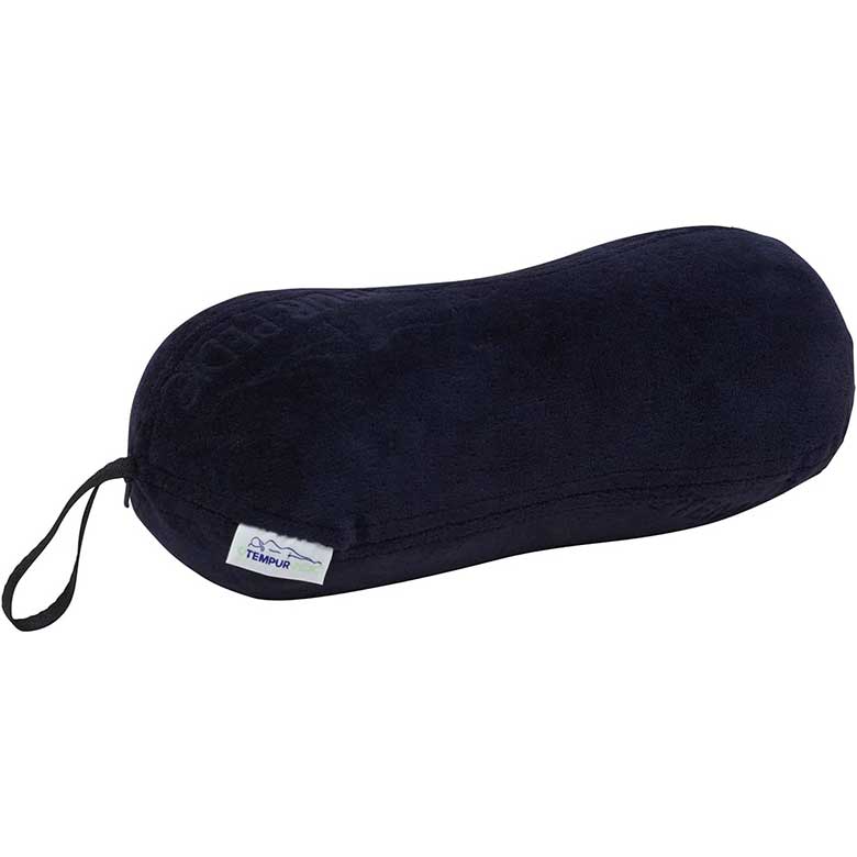 Tempur dark navy memory foam travel pillow with a curved ergonomic shape and carrying loop