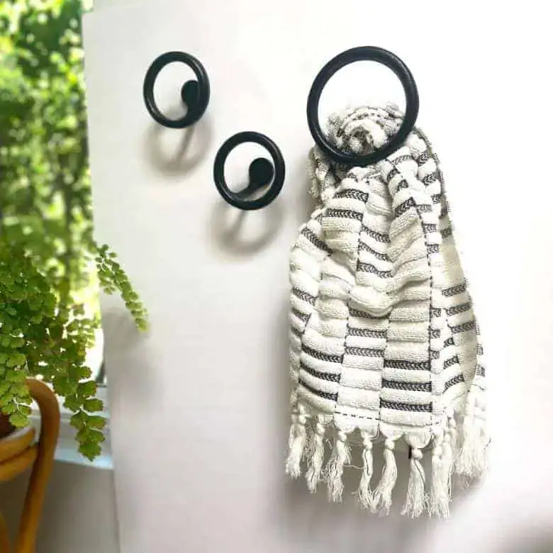 Striped towel with fringe hanging on black circular wall hook near a green plant
