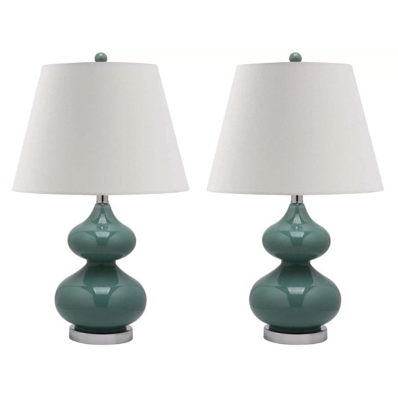 Pair of table lamps with glossy green bases and white fabric shades
