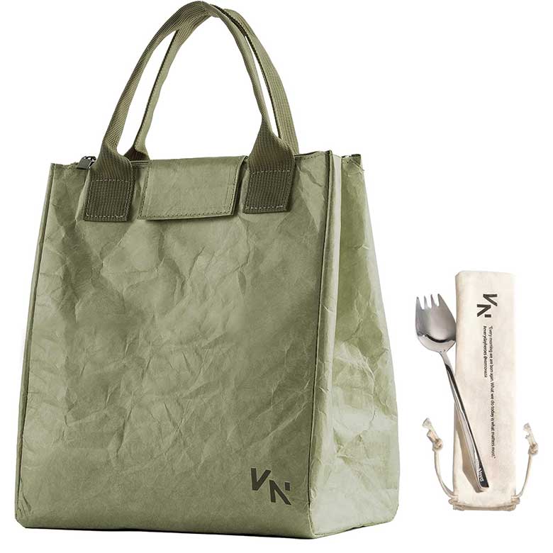 Eco-friendly green lunch bag with reusable cutlery set in a fabric pouch.