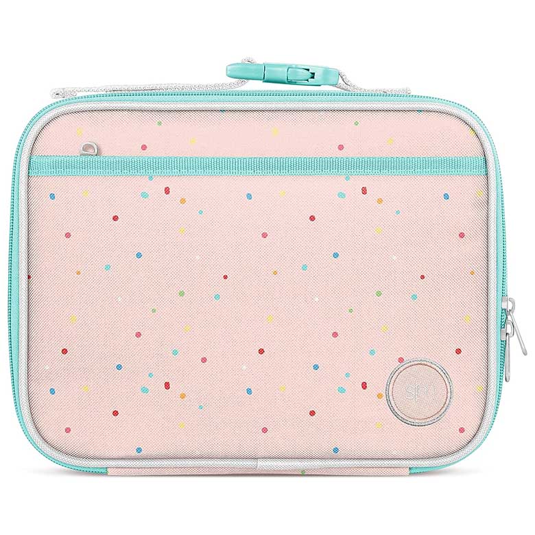 Pink zippered case with colorful polka dots and teal trim