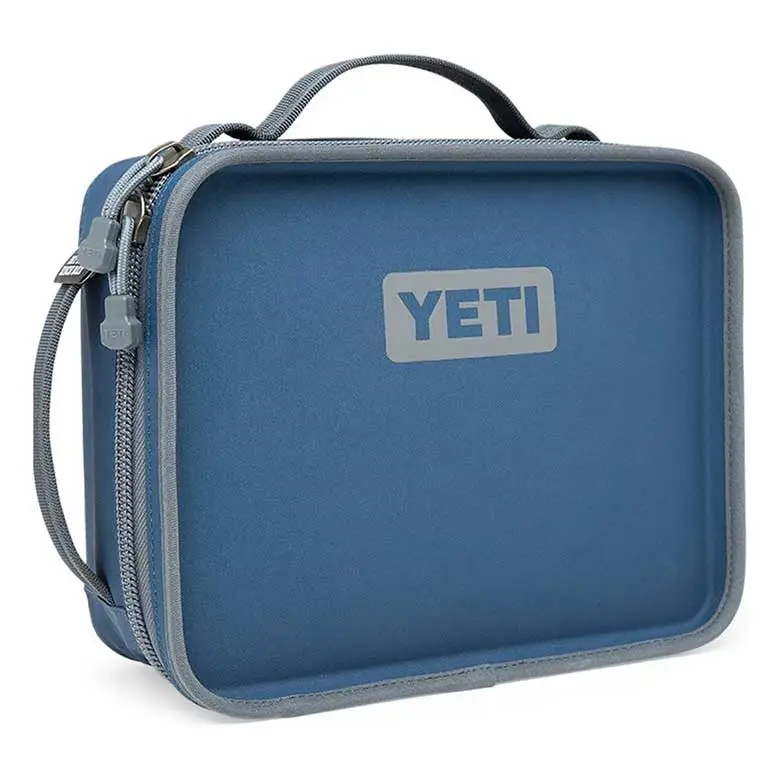 Blue YETI insulated lunch box with a zipper closure and carrying handle