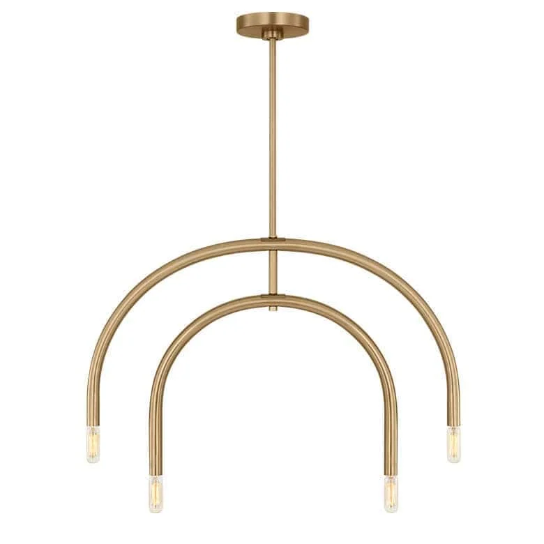 Gold arched chandelier with five exposed bulb sockets in a modern, minimalist design