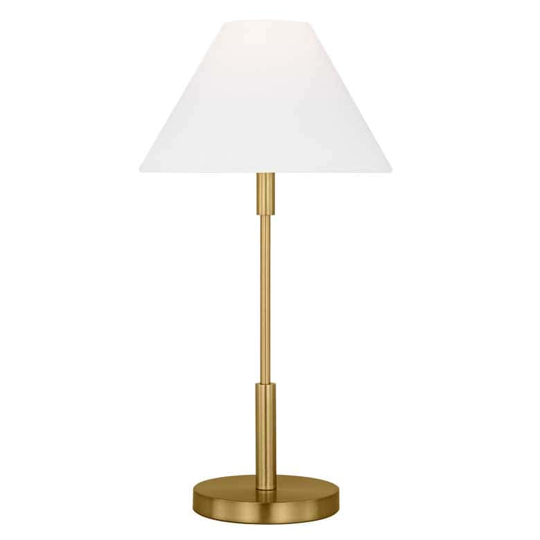 Brass table lamp with a slim base and white cone-shaped shade
