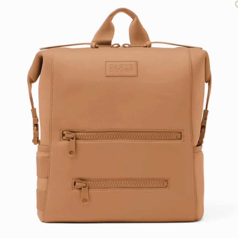 Tan backpack with dual front zip pockets and top handles