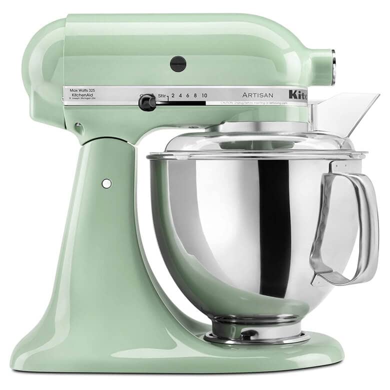Mint green KitchenAid stand mixer with stainless steel mixing bowl