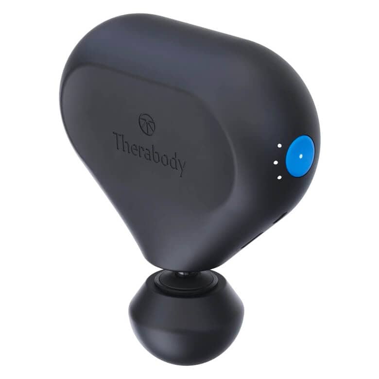 Black Therabody massage device with a blue power button and ergonomic design