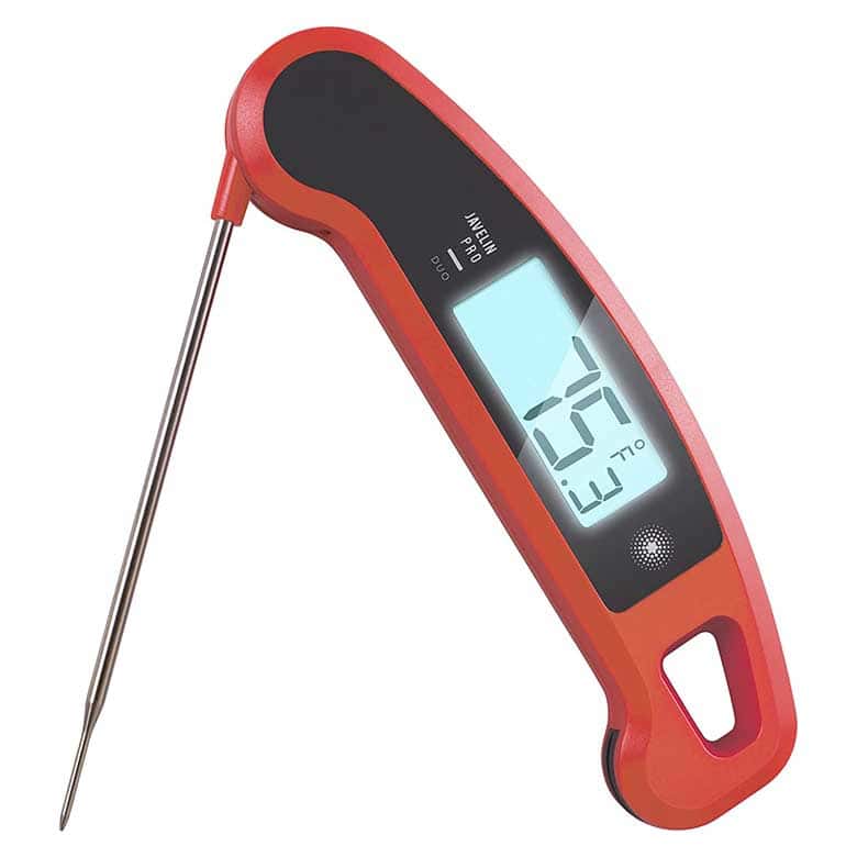 Digital meat thermometer with red casing, foldable probe, and backlit display