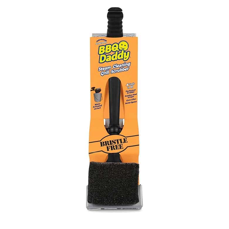 BBQ Daddy steam cleaning grill scrubber with black handle and bristle-free scrubbing pad in orange packaging