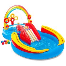 Inflatable kids' water play center with a slide, sprinklers, and a rainbow arch