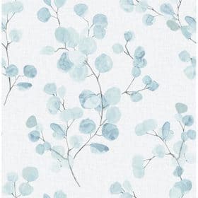 Light blue watercolor eucalyptus pattern on a white background