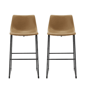 Set of two brown faux leather bar stools with black metal legs and footrests