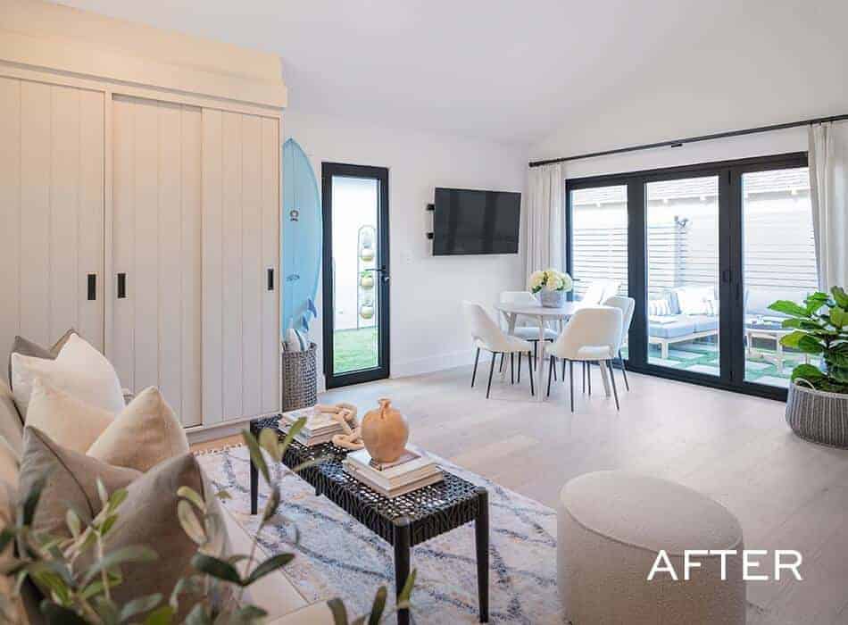 Living space with sliding glass doors, a cozy seating area, and modern decor