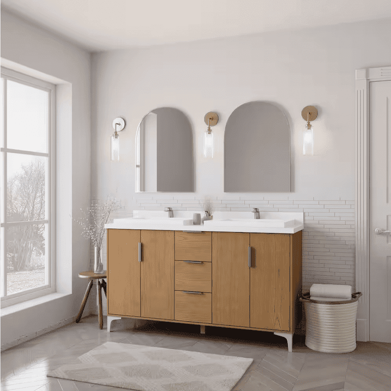 Minimalist bathroom with a double vanity, arched mirrors, and wood accents