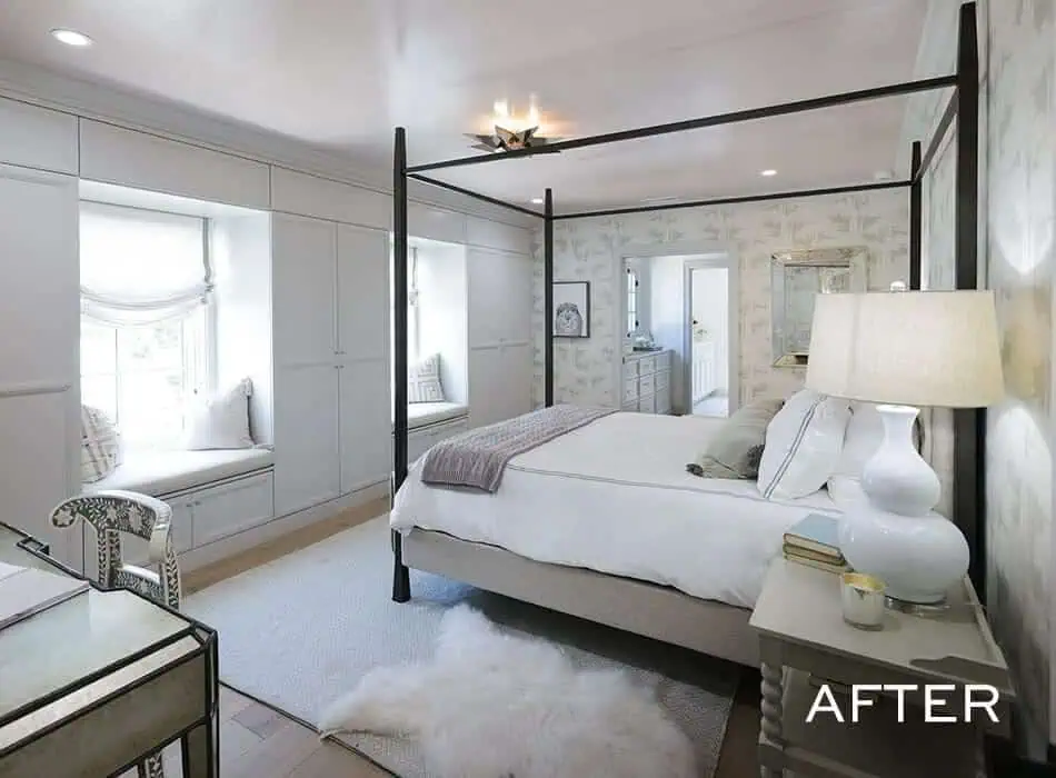 Renovated bedroom with four-poster bed and mirrored doors